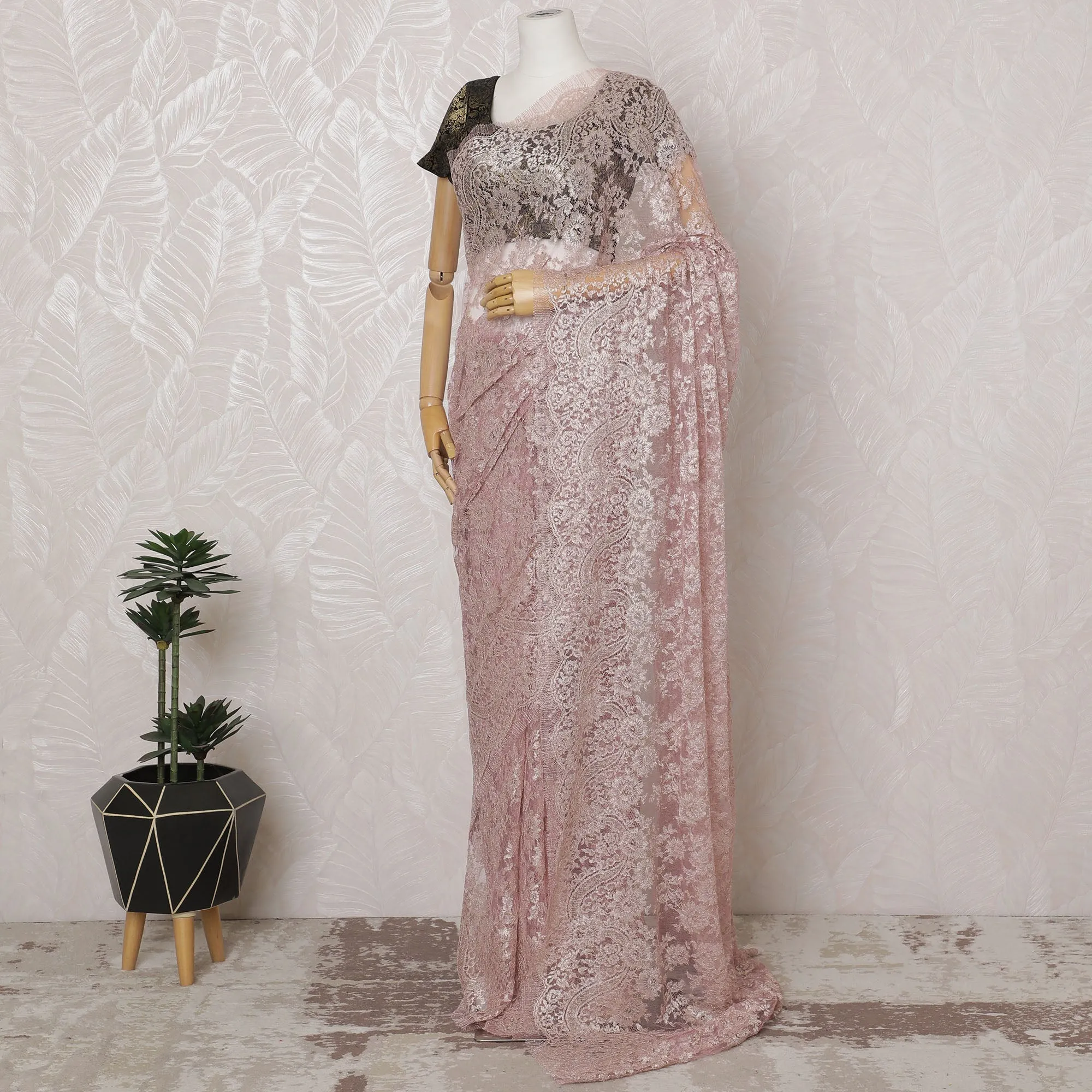 Blush Pink French Metallic Chantilly Lace Saree - 110 cm Width, 5.5 Meters-D20151