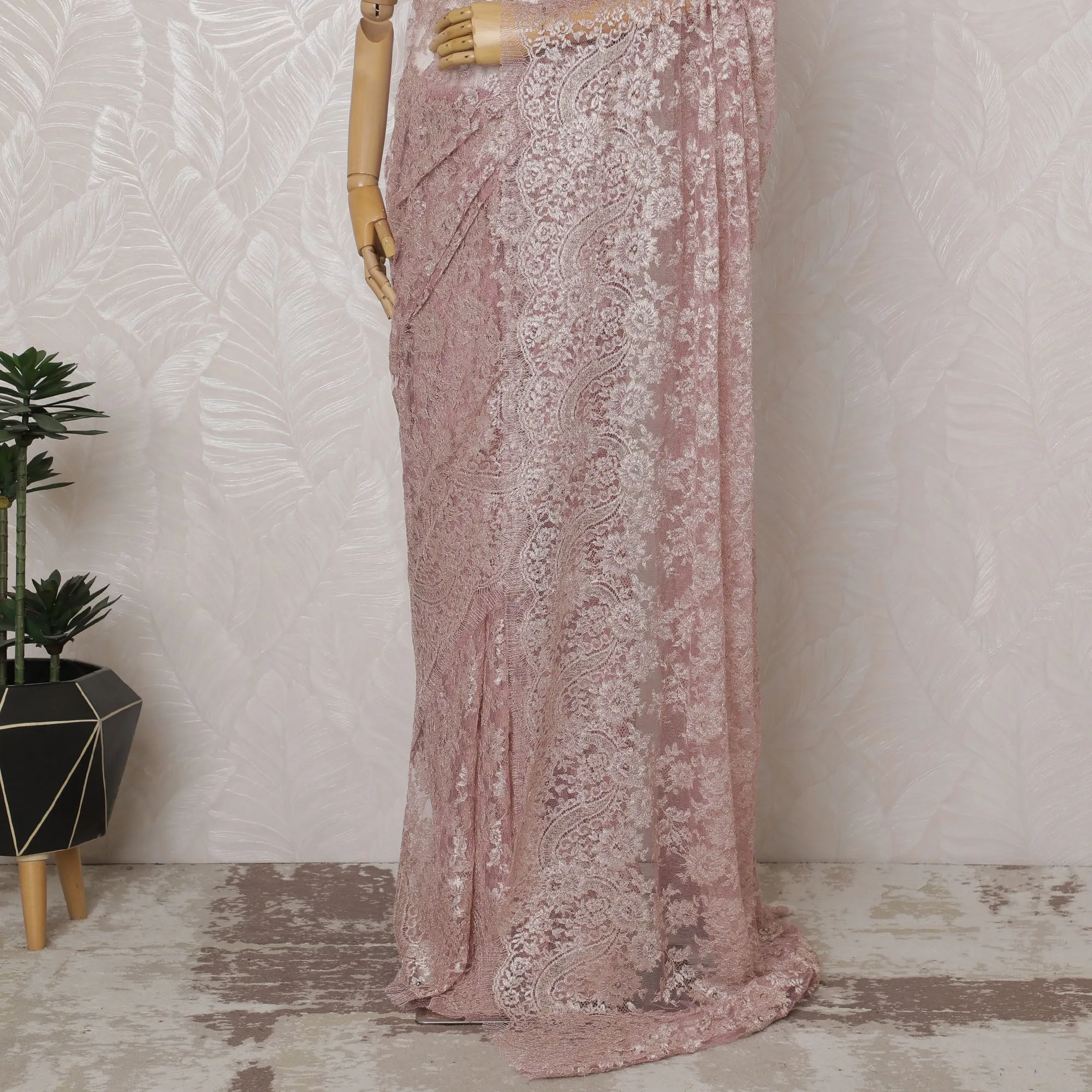 Blush Pink French Metallic Chantilly Lace Saree - 110 cm Width, 5.5 Meters-D20151