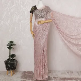 Blush Pink French Metallic Chantilly Lace Saree - 110 cm Width, 5.5 Meters-D20151