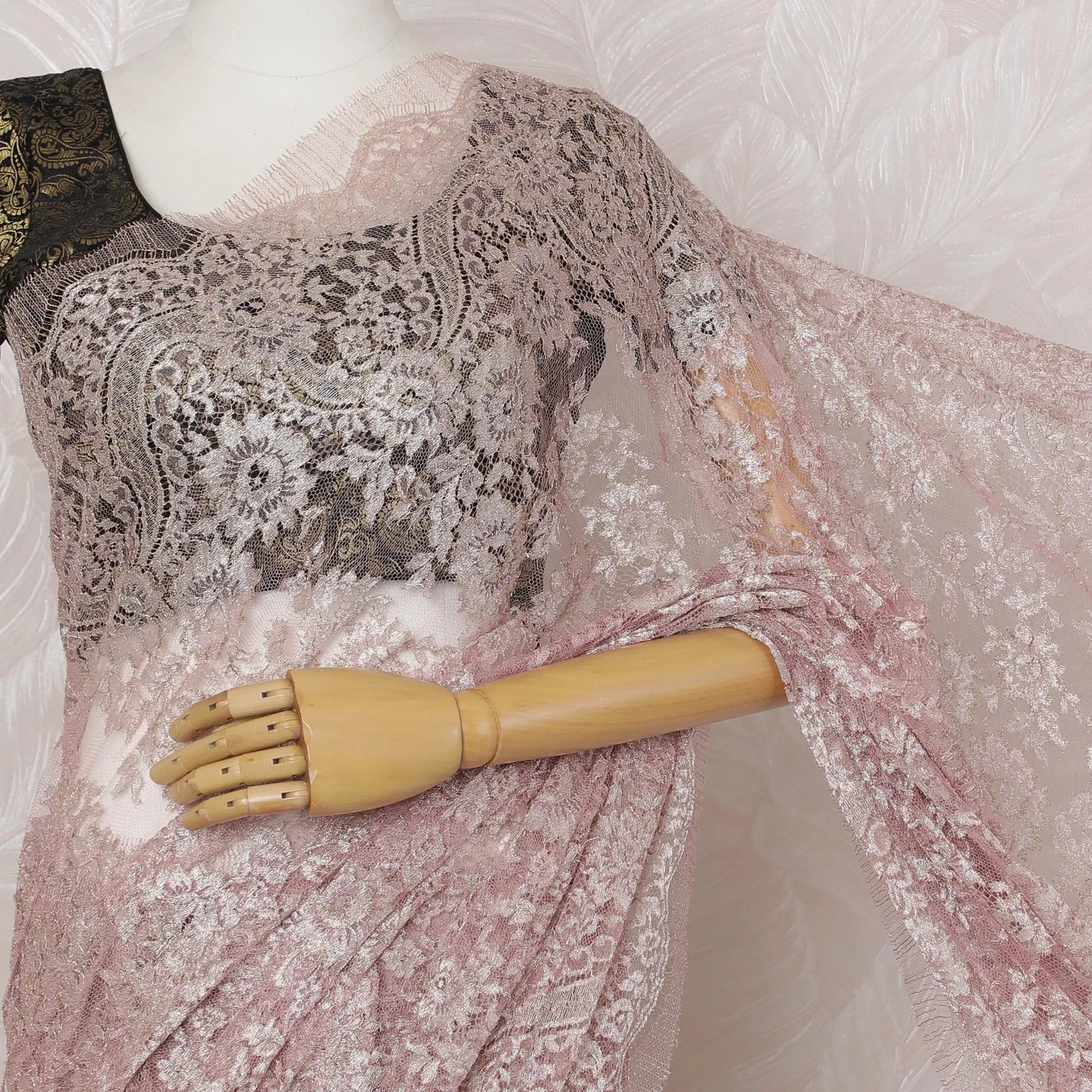 Blush Pink French Metallic Chantilly Lace Saree - 110 cm Width, 5.5 Meters-D20151