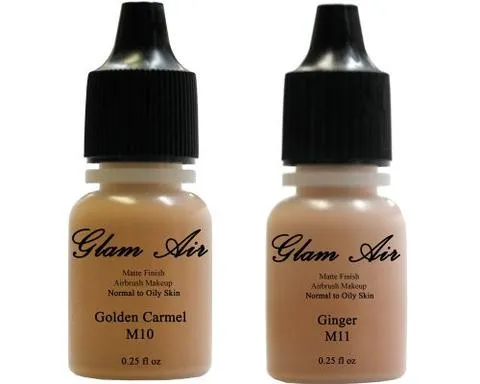 Glam Air Airbrush Makeup Foundations Set Two  M10 Golden Carmel  And M11 Ginger  for Flawless Looking Skin Matte Finish For Normal to Oily Skin (Water Based)0.25oz Bottles