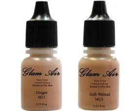 Glam Air Airbrush Makeup Foundations Set Two M11 Ginger and M13 Soft Walnut for Flawless Looking Skin Matte Finish For Normal to Oily Skin (Water Based)0.25oz Bottles