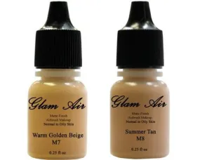 Glam Air Airbrush Makeup Foundations Set Two  M7 Warm Golden Beige And M8 Summer Tan  for Flawless Looking Skin Matte Finish For Normal to Oily Skin (Water Based)0.25oz Bottles