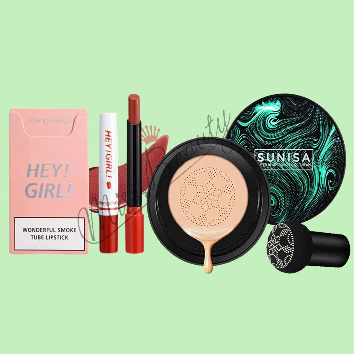 Miss Beauty New pack of 2 Makeup deal in random (3 in 1 Sunisa Foundation-blender-CC and BB cream ,Pack of 4 makeup Cigarette Shape lipstick )