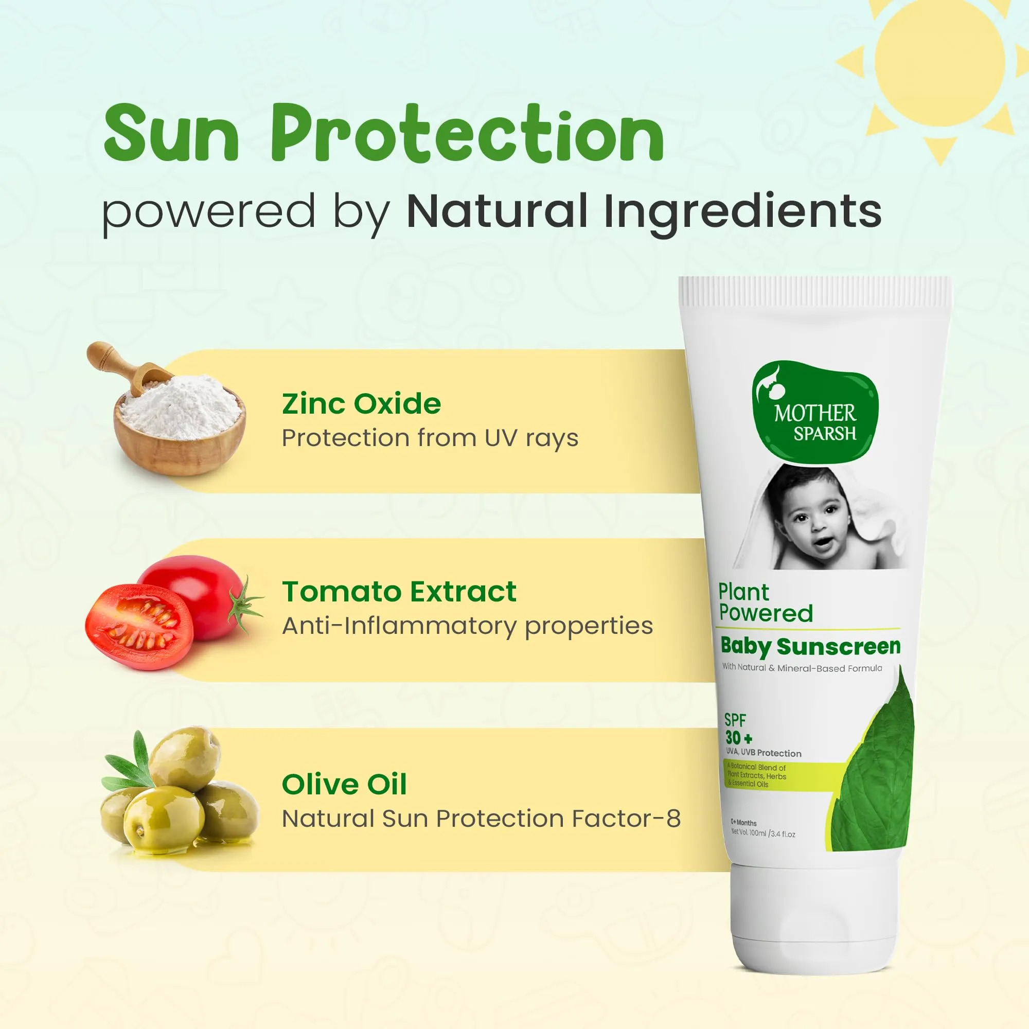 Mother Sparsh Natural Baby Sunscreen Lotion with SPF 30  For UVA & UVB Protection | Plant derived 95% Bio Based Ingredients - 100ml