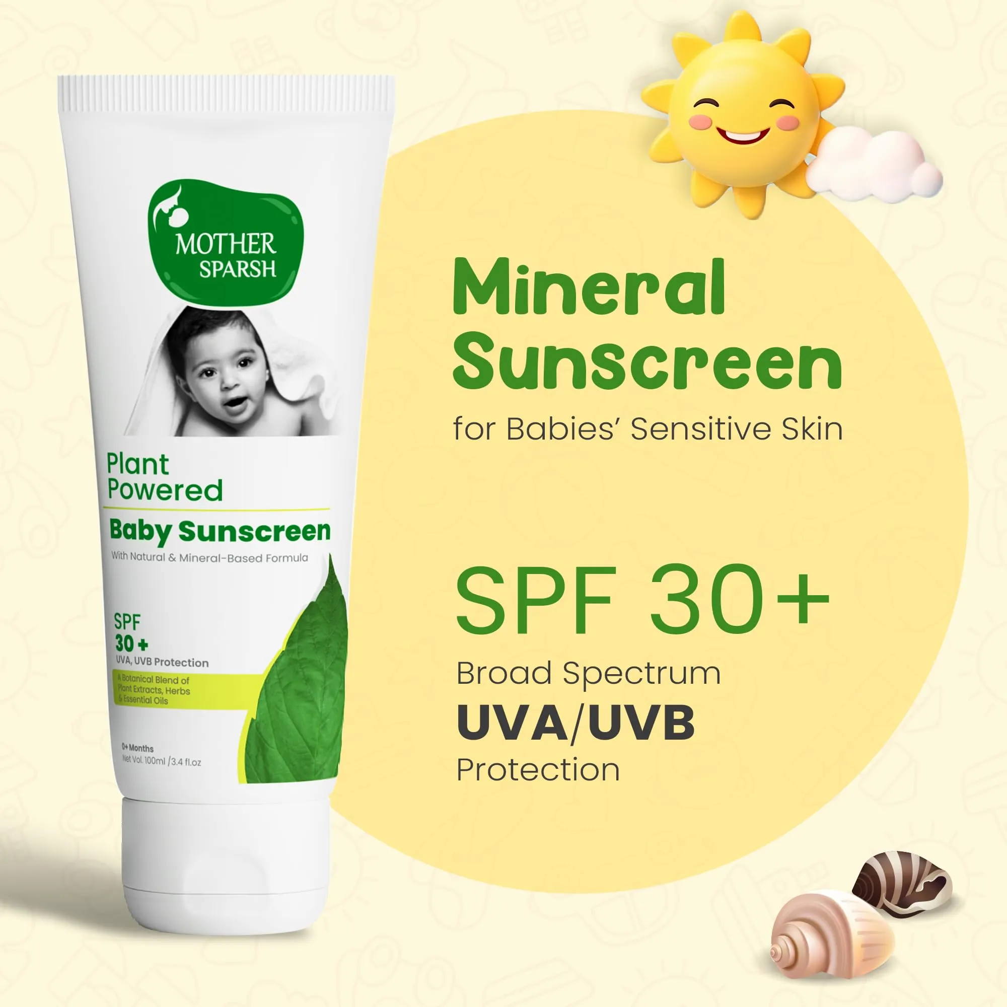 Mother Sparsh Natural Baby Sunscreen Lotion with SPF 30  For UVA & UVB Protection | Plant derived 95% Bio Based Ingredients - 100ml