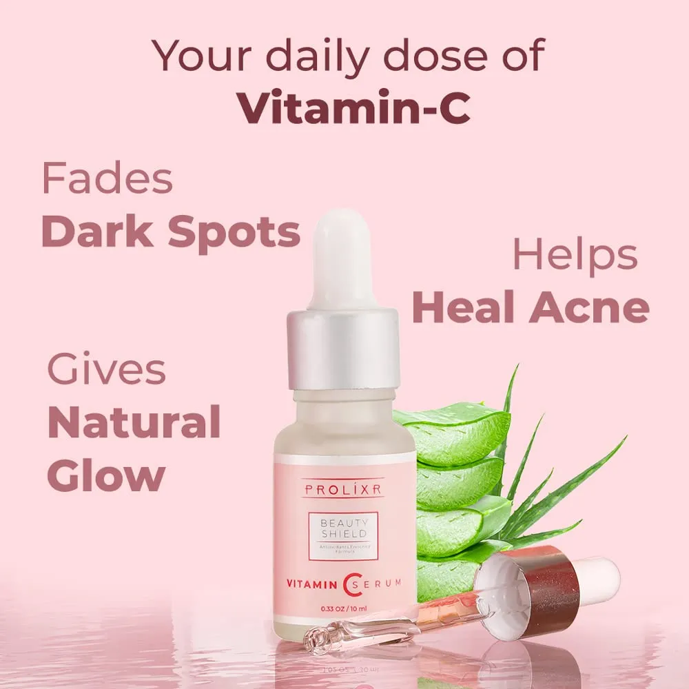 Prolixr Beauty Shield Vitamin C Face Mini Serum - Glowing Skin | Brightening | Pigmentation | Hyaluronic Acid Infused - 10ml - Travel Size (Pack of 2)