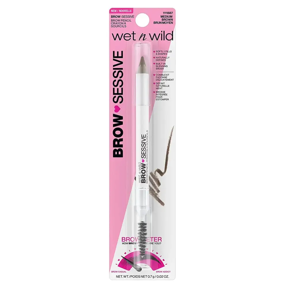 wet n wild Brow-Sessive Brow Pencil 9g- Medium Brown, Dual-Ended Eyebrow Pencil with Spoolie Brush for Thin and Thick Eyebrows, Natural Look Formula, Buildable Color Definition